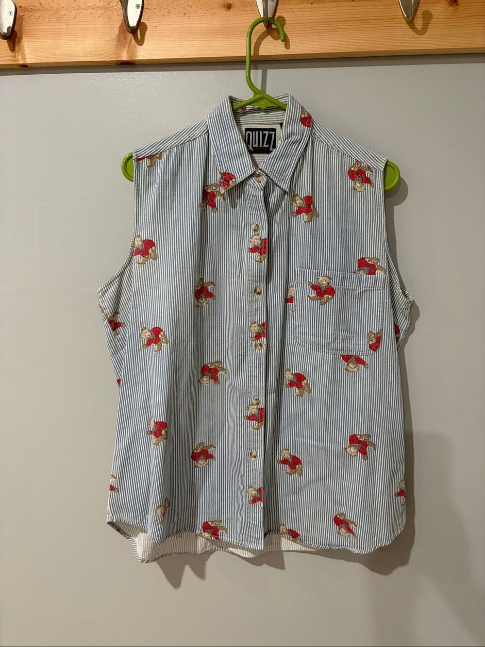 Vintage Quizz Denim Chambray Striped Teddy Bear Print Button Up Vest L